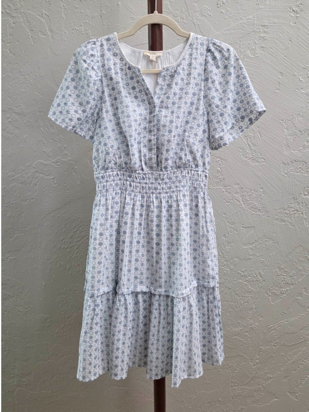 D37. Blue‎ Floral Eyelet Smocked Mini Dress